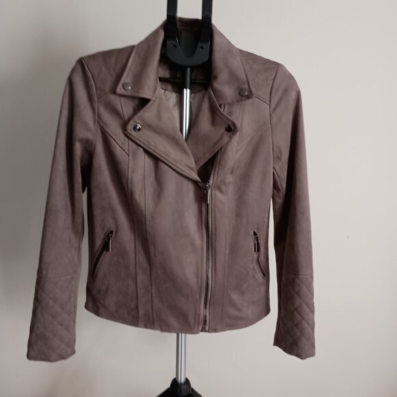 Kut from the Kloth Tan Faux Suede Quilted Panel Moto Jacket Women’s Size Medium - Picture 16 of 16